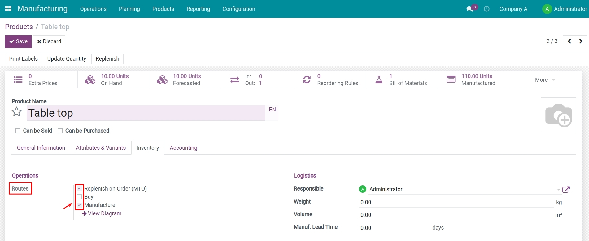 Activate routes for semi-finished products in Viindoo MRP software