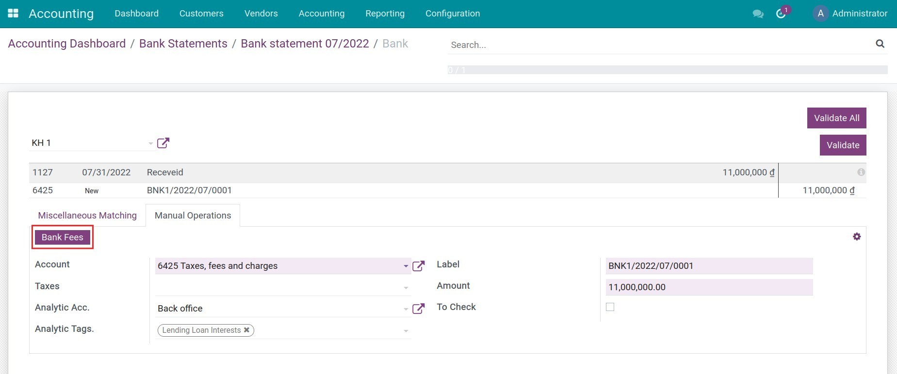 Available buttons on the reconciliation model in Viindoo