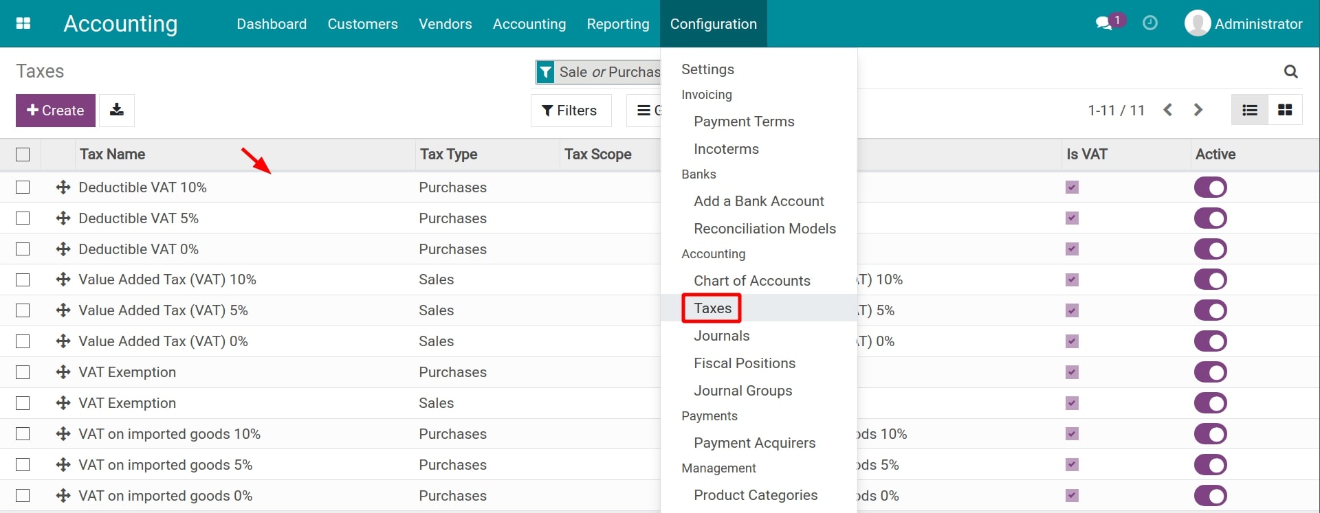 Select the taxes that needed to be modified