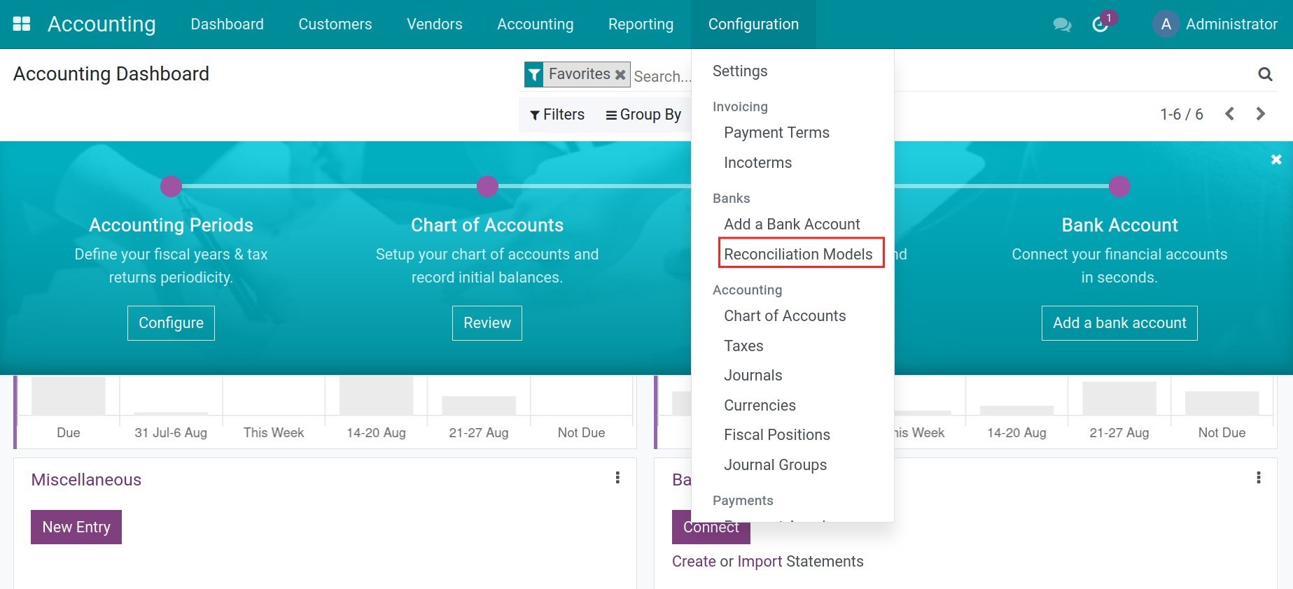 Navigate to reconciliation models from the configuration section in Viindoo accounting app