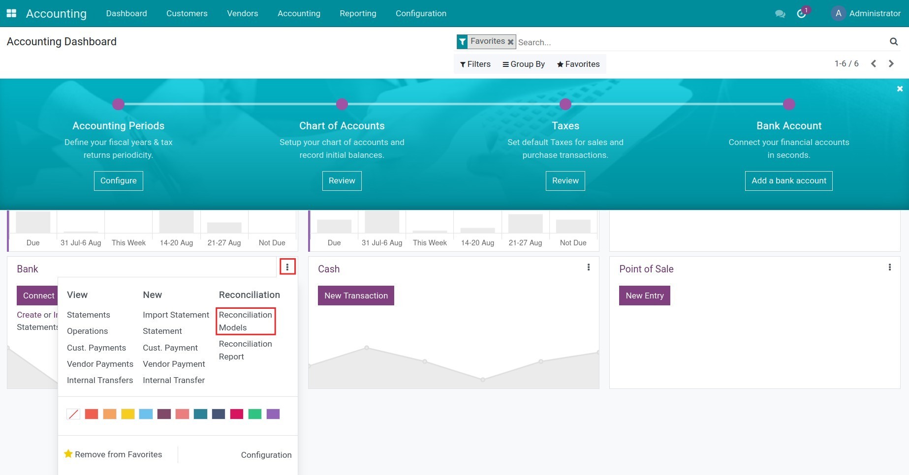 Navigate to reconciliation models from a bank journal in Viindoo Accounting software