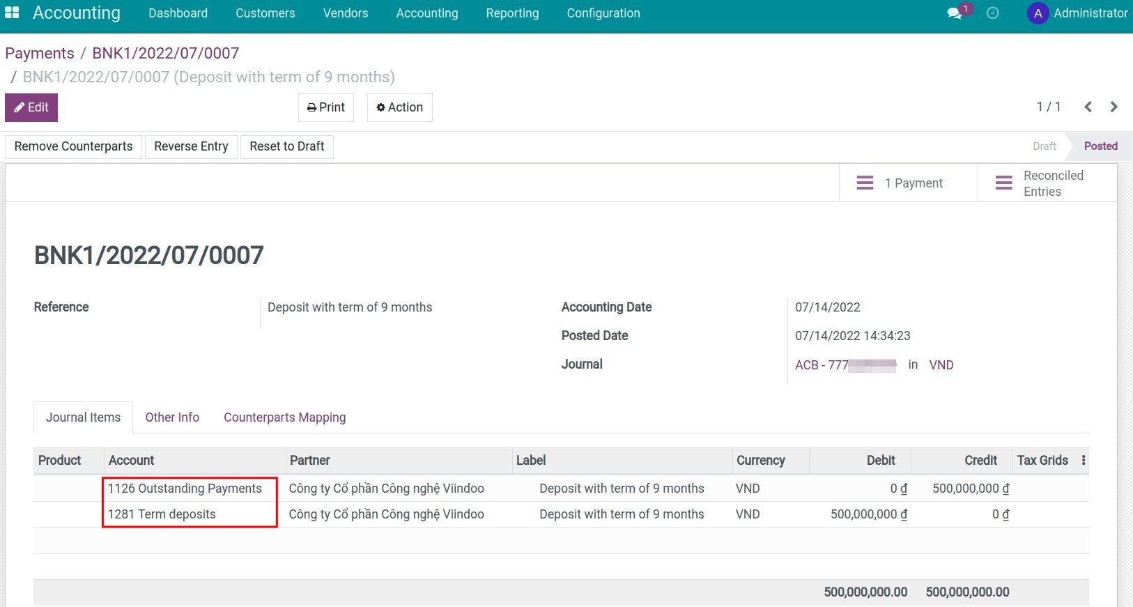 Journal entries of time deposit transaction