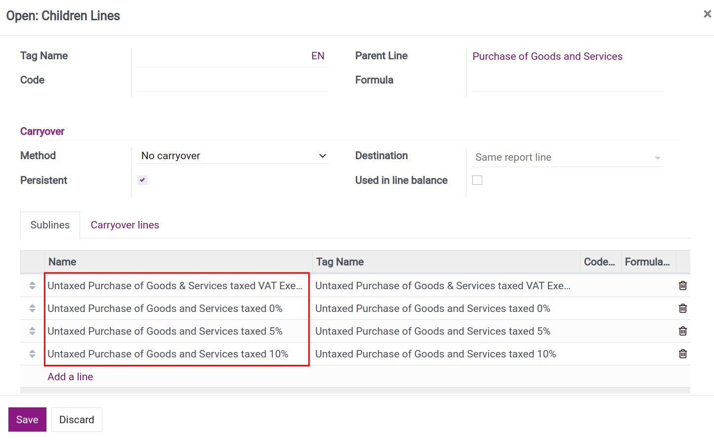 Create a value line of goods on the tax grids