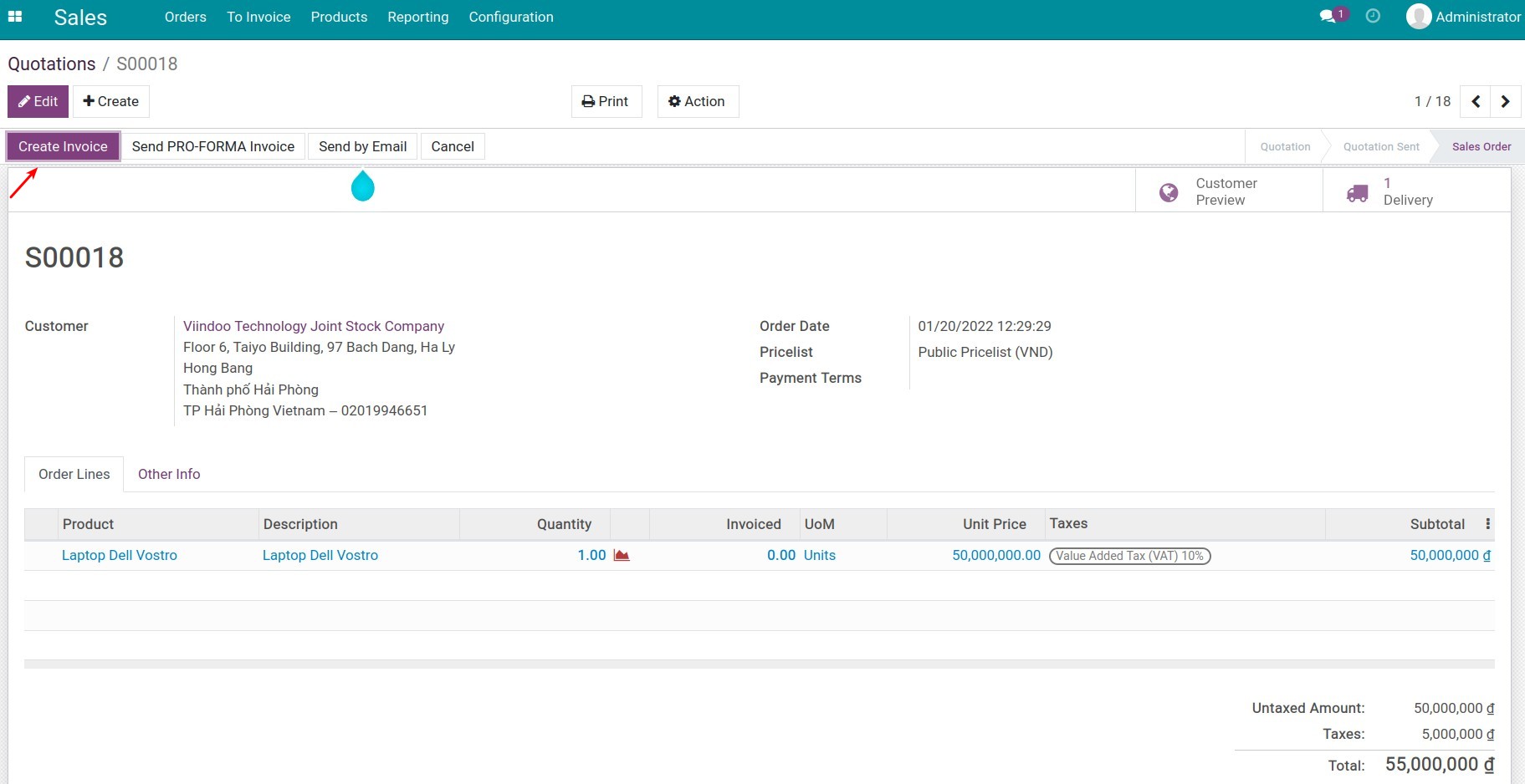 Create an invoice on Viindoo Accounting software management