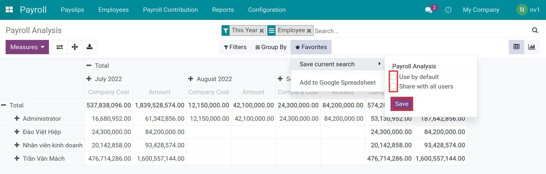 Favourite filters - Viindoo Payroll app