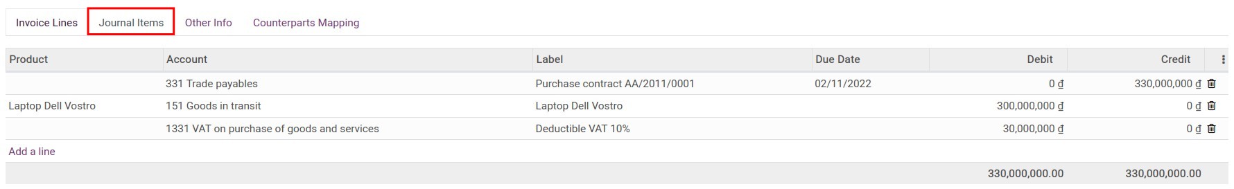 Journal items tab on Vendor bill - Viindoo accounting app