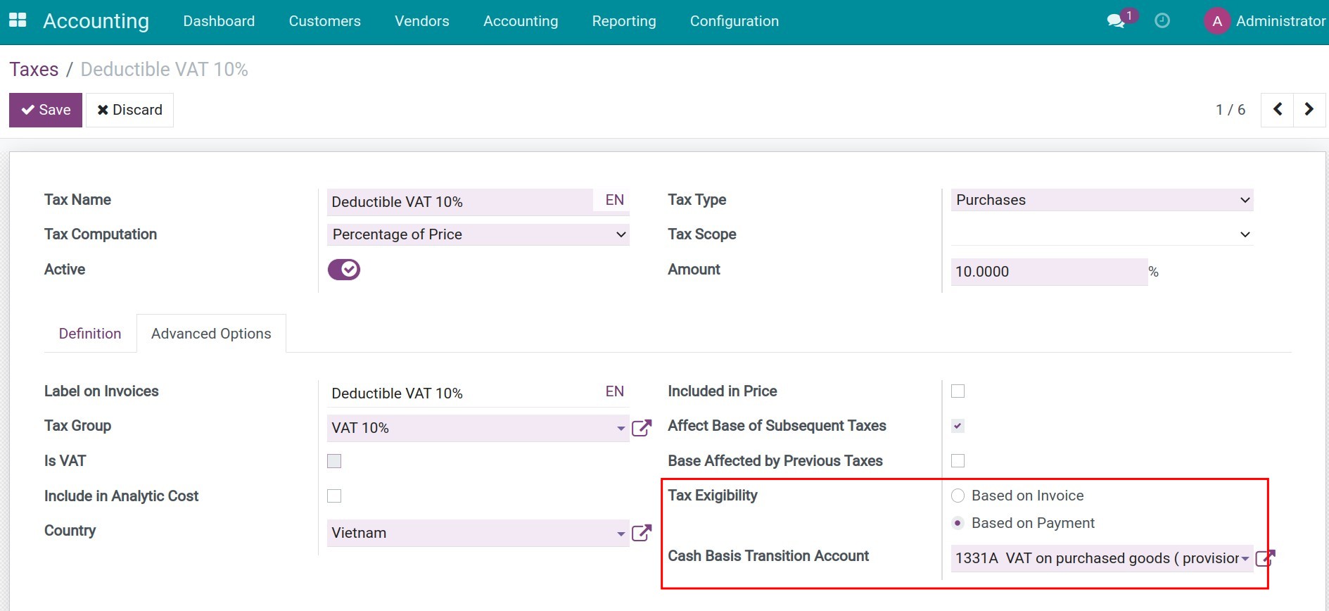 Set up taxes recording when the transaction is paid