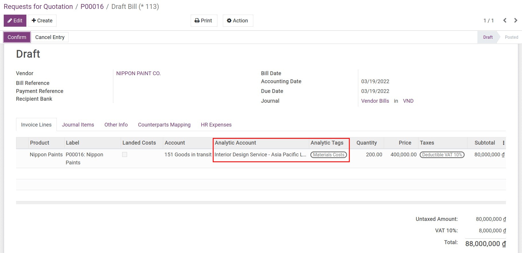 Tracking costs on a bill - Viindoo Accounting software
