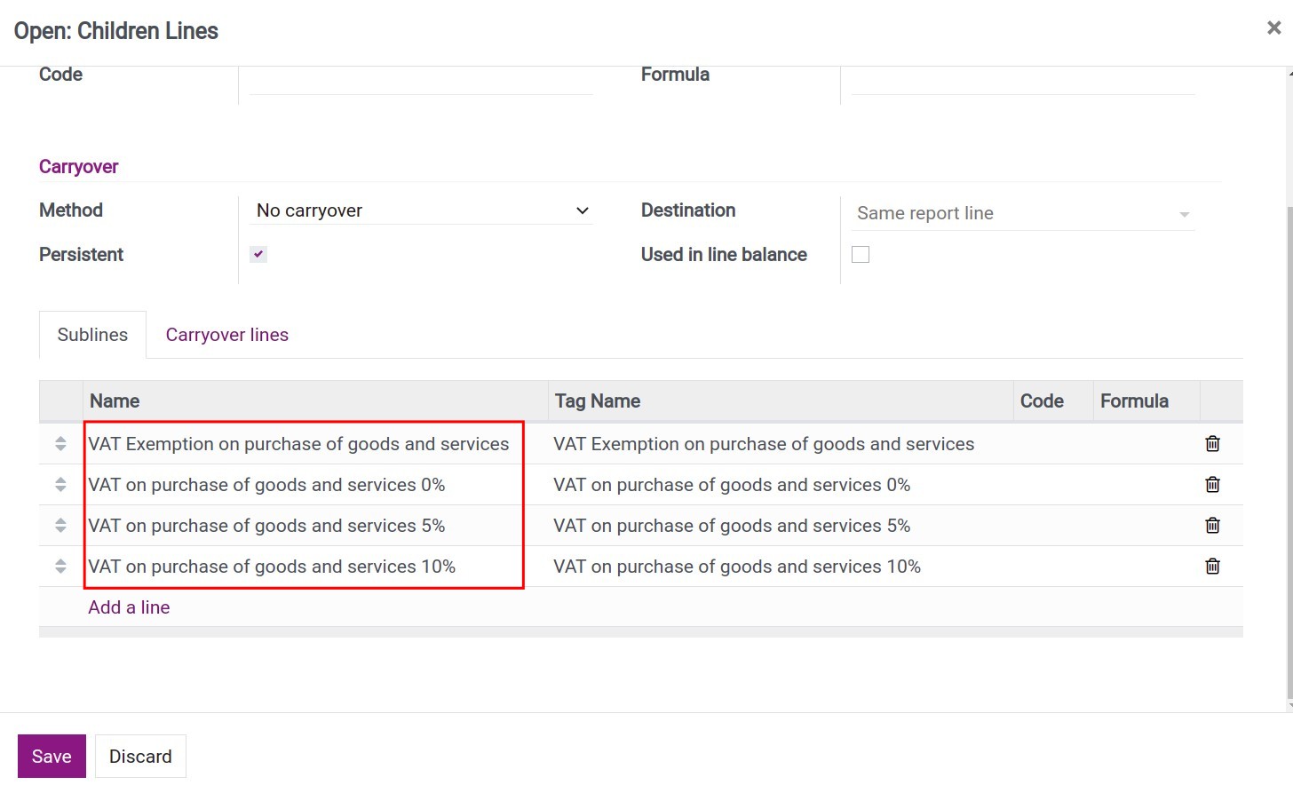 Create a tax children line on the tax grids