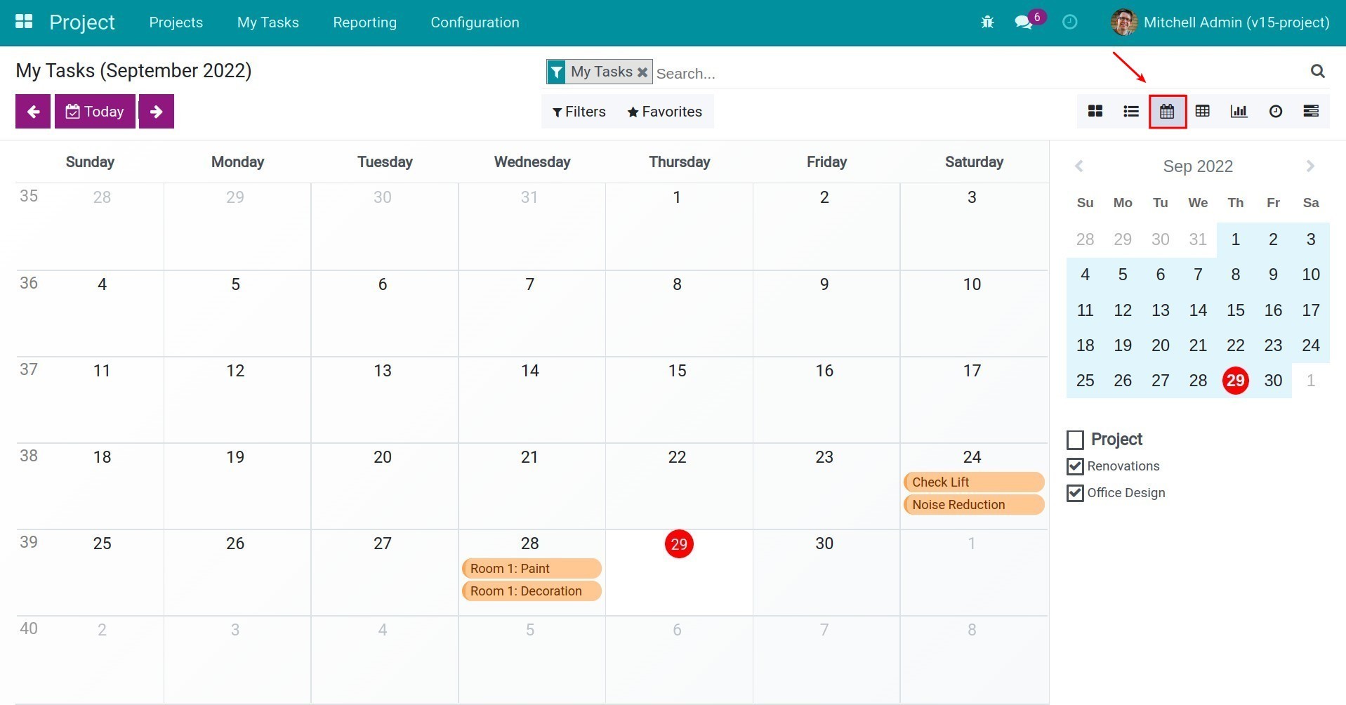 Task in Calendar view - Viindoo Project