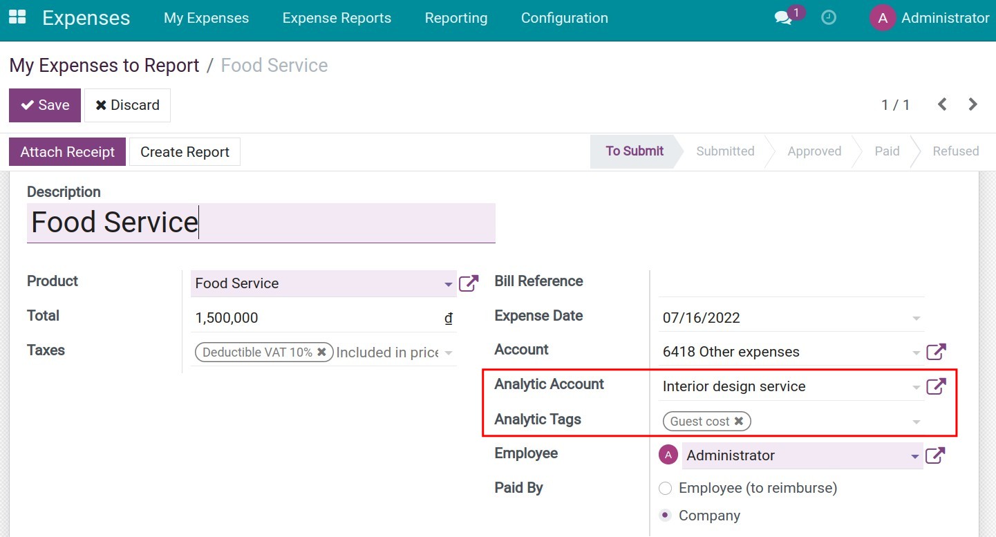 Track costs from project expenses - Viindoo Accounting app