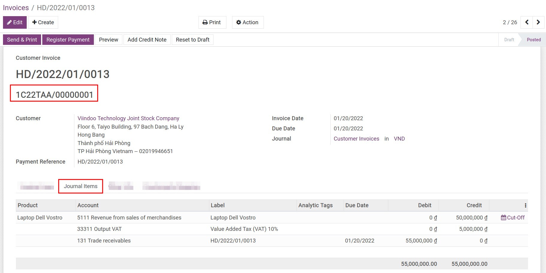 Journal items in Viindoo accounting app