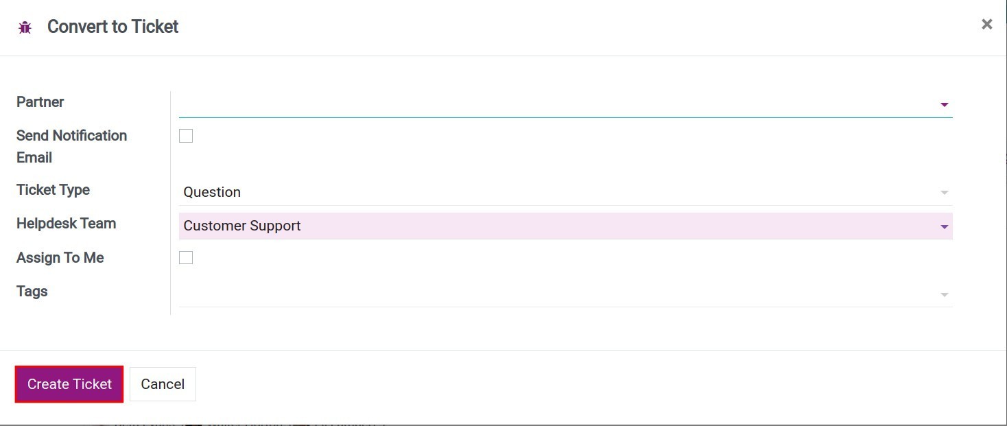 Select the criteria for ticket creation