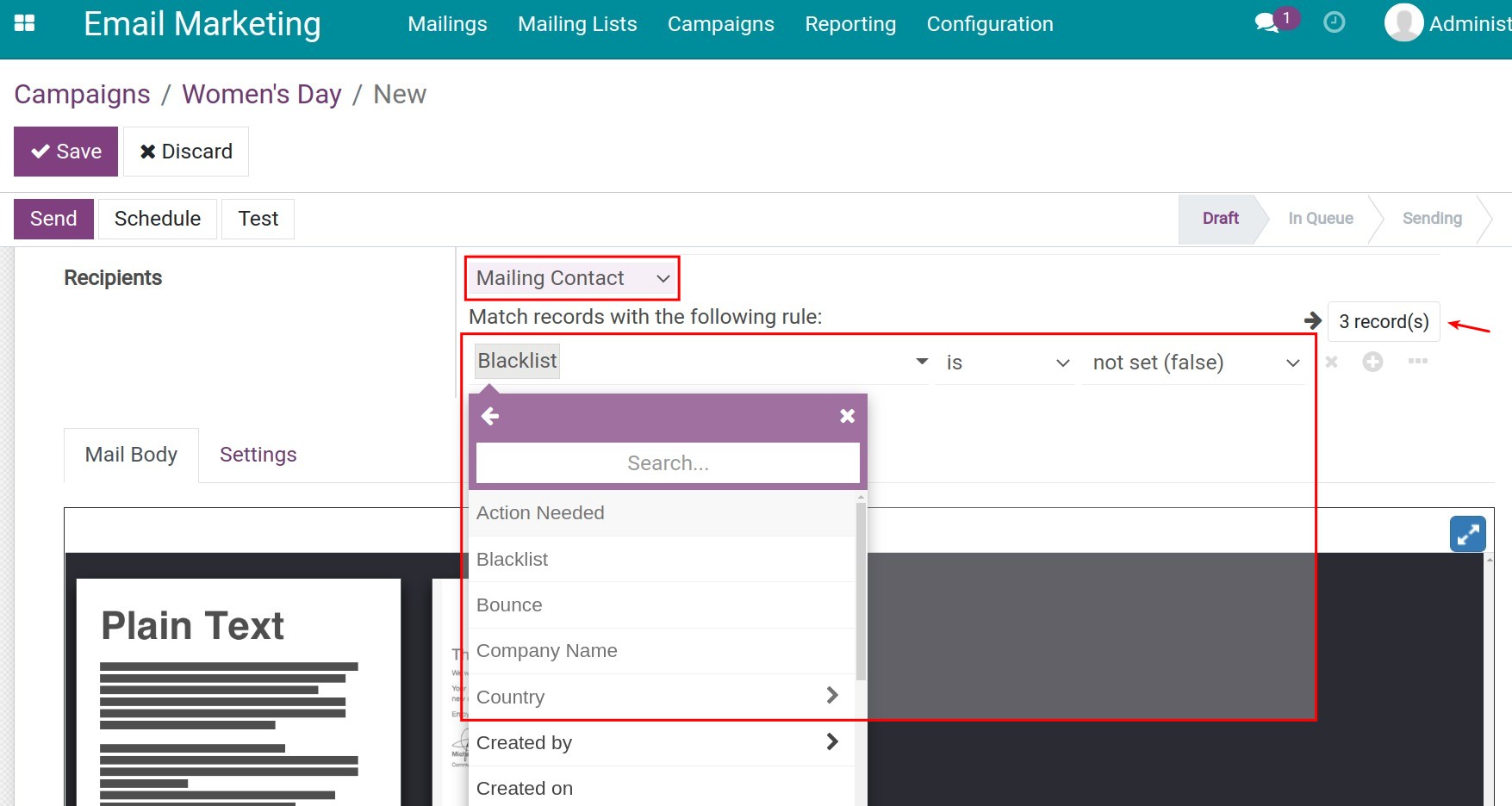 Matching condition for mailing contact type.