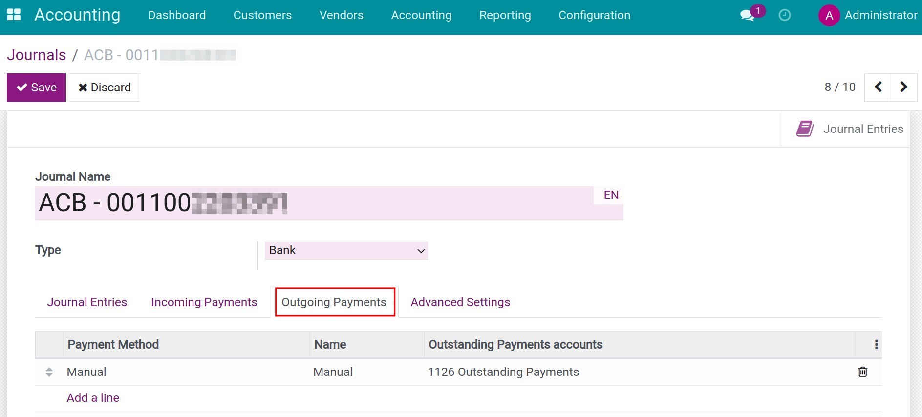 Outgoing Payments configuration in Bank account journal - Viindoo Accounting software