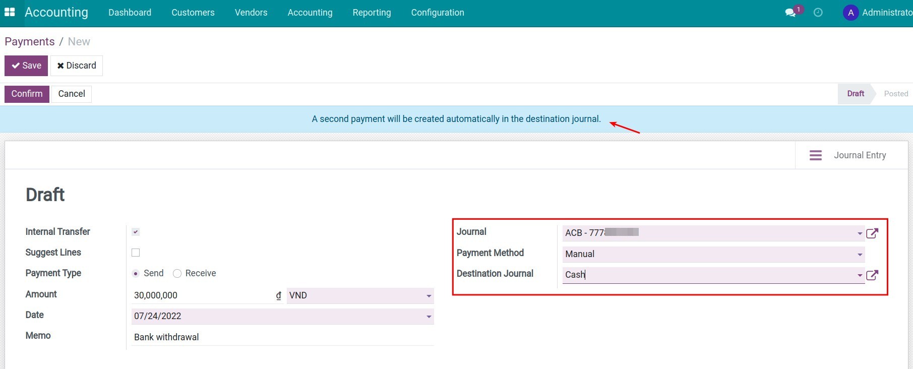Withdraw money to cash on hand
