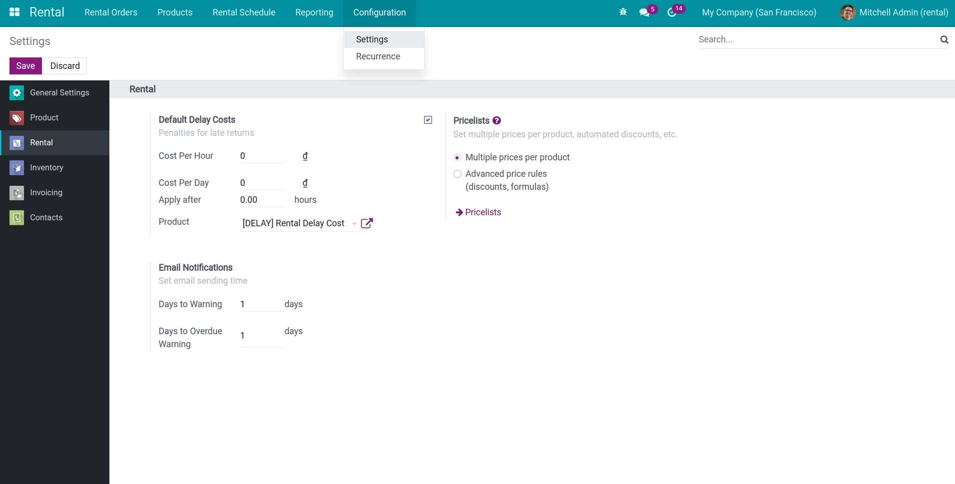 General settings for the Rental app