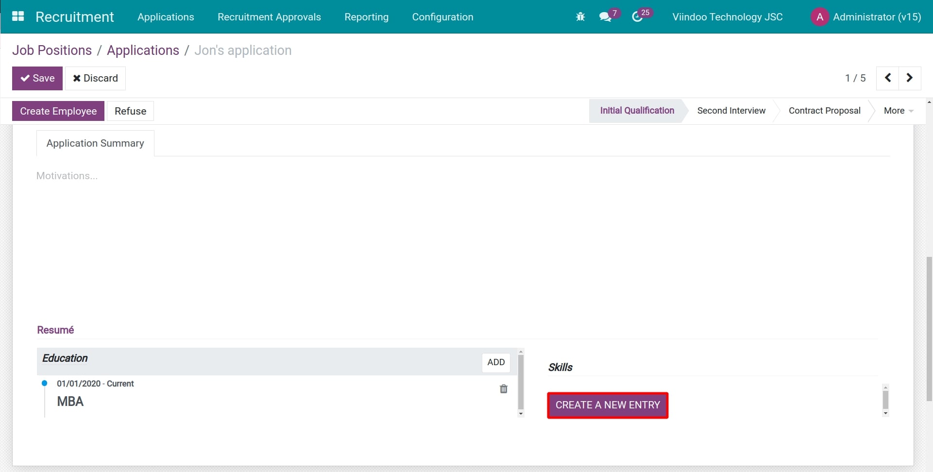 Create a new entry for skills