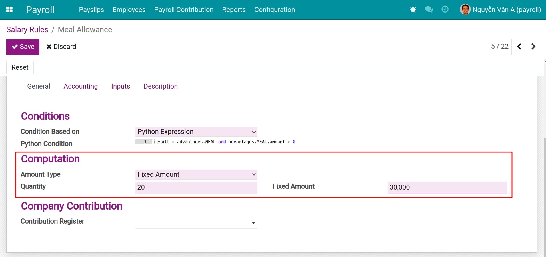 Fixed Value calculation formula type Salary Rule Payroll Viindooz