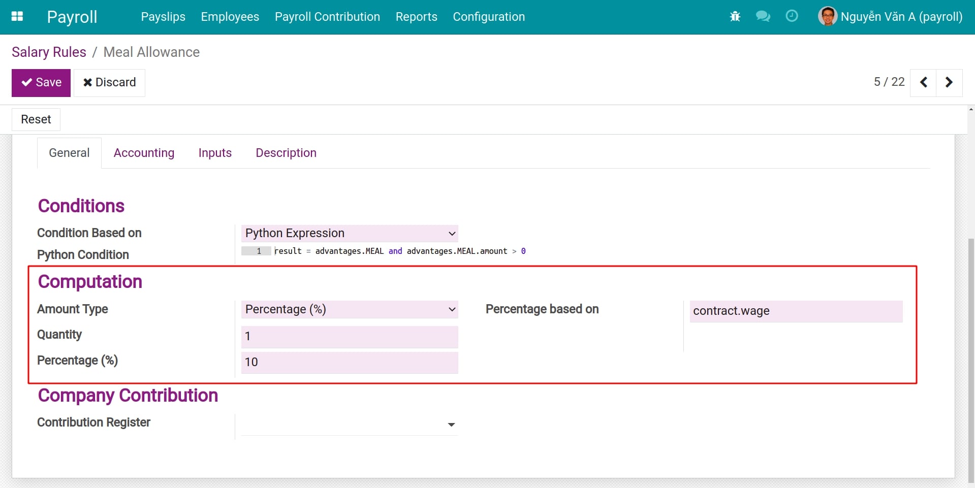 Percentage calculation formula type Salary Rule Payroll Viindoo