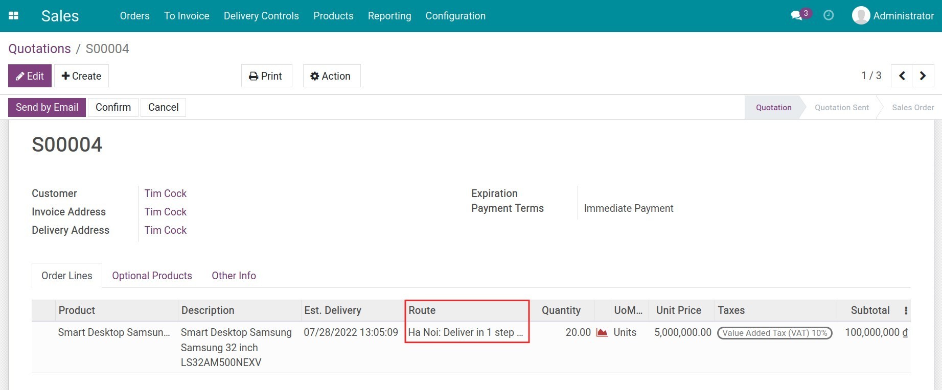 Route configuration on quotation Inventory Viindoo