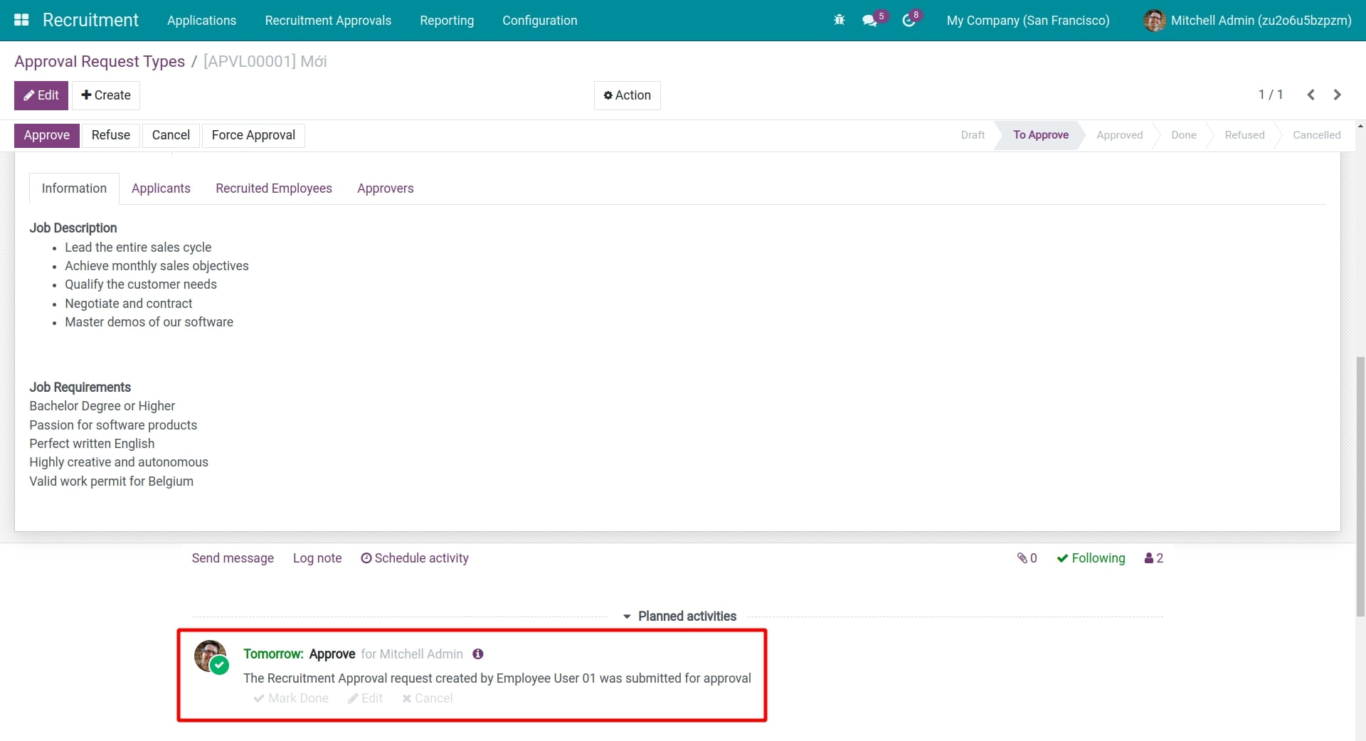 scheduled activity for the approver