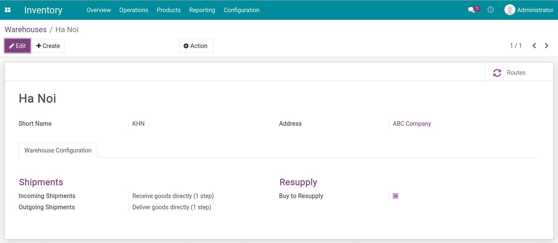 Stock location configuration 1 step Inventory Viindoo
