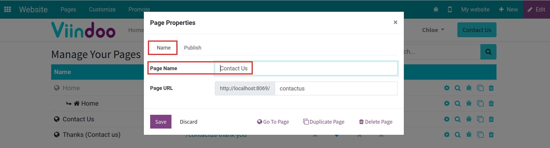 Set up the page name in page properties