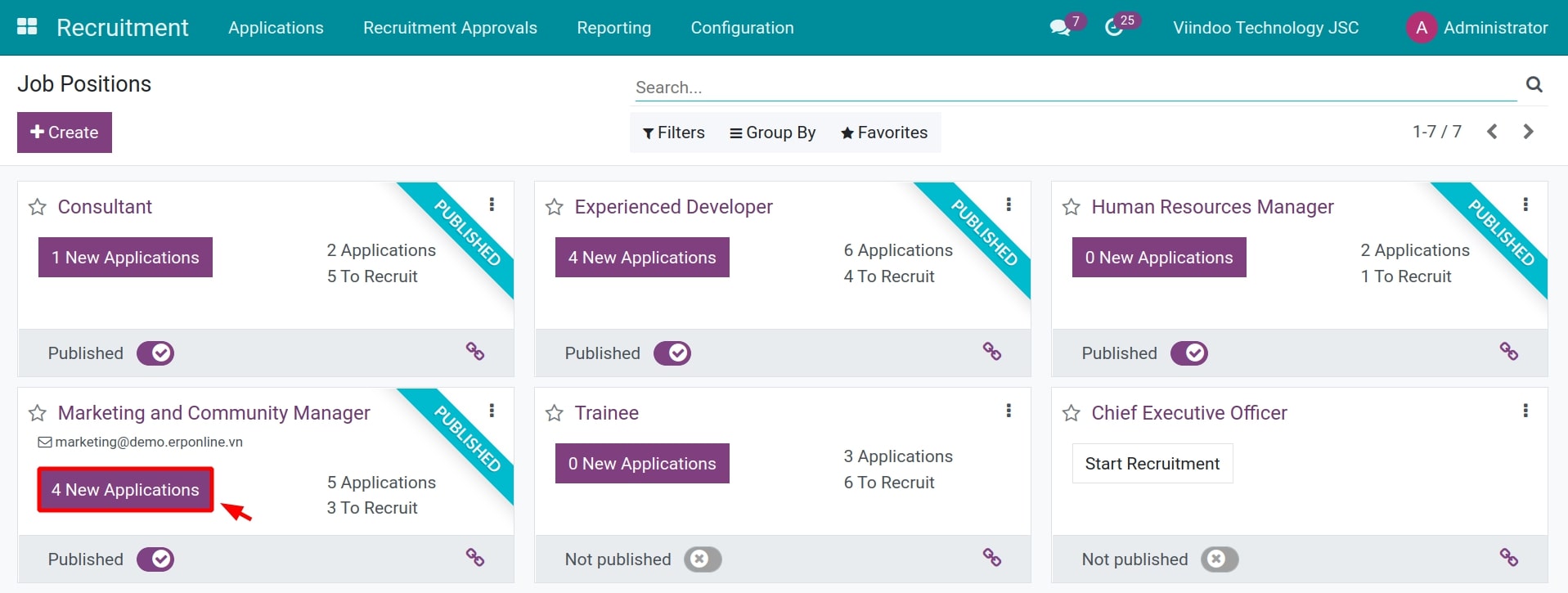 Applications button in Job Positions