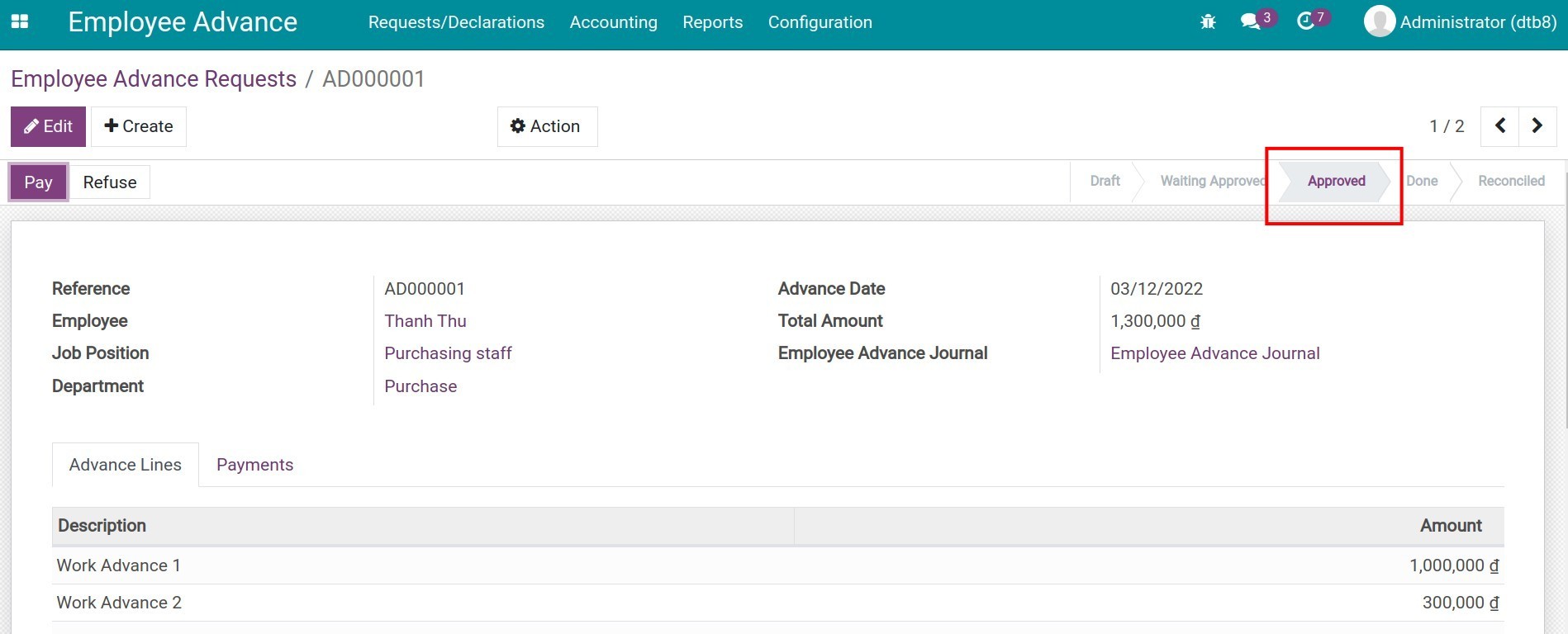 The Advance request on the Approved state