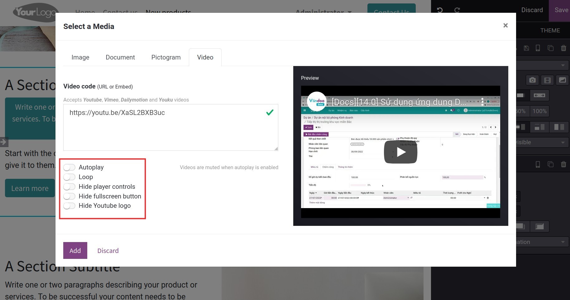Display options of videos