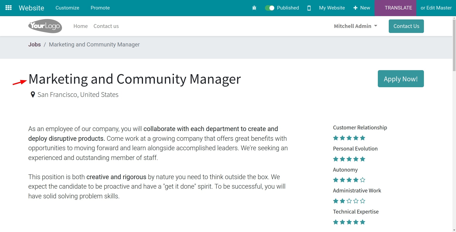 Published job positions on website