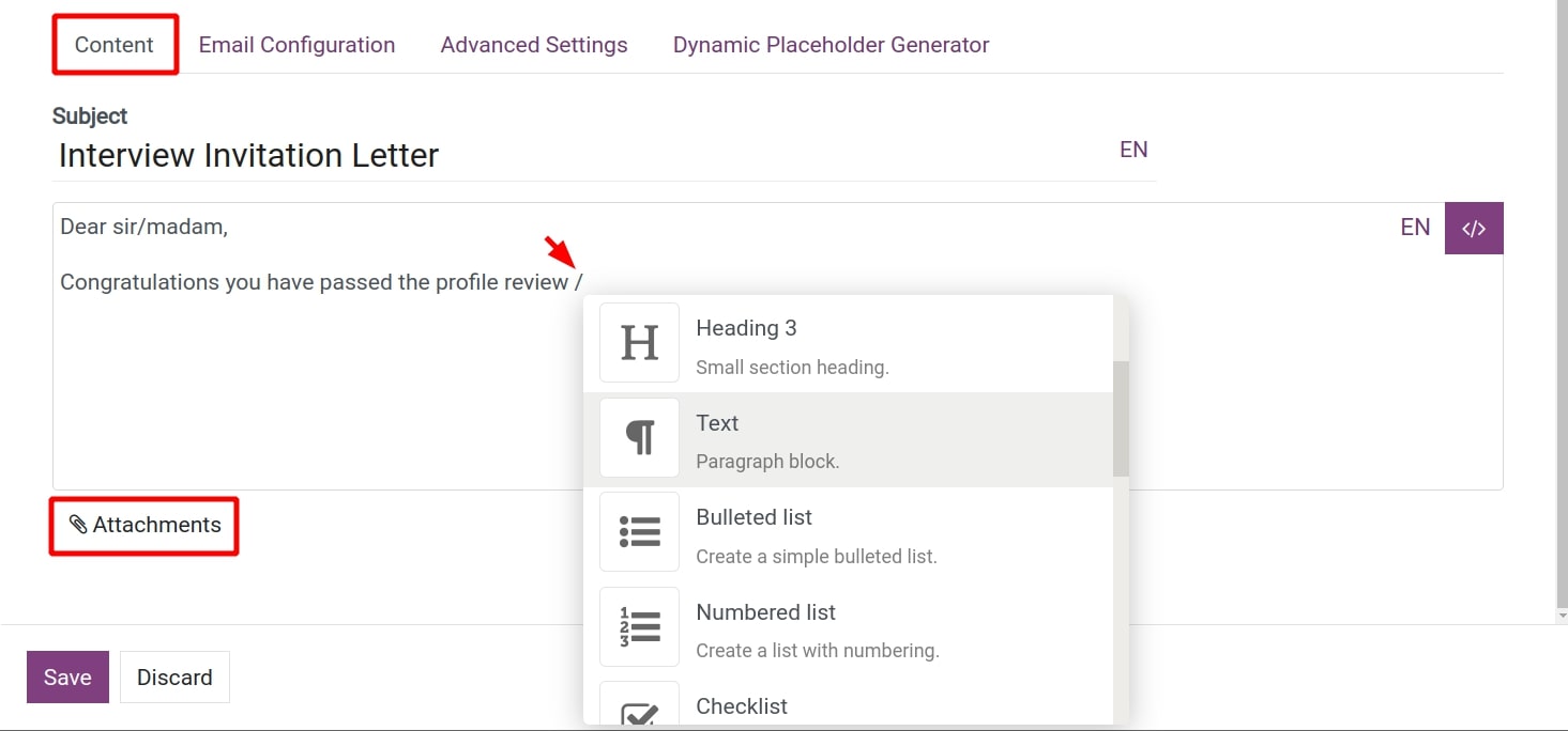 Tạo mẫu email tab nội dung, đính kèm
