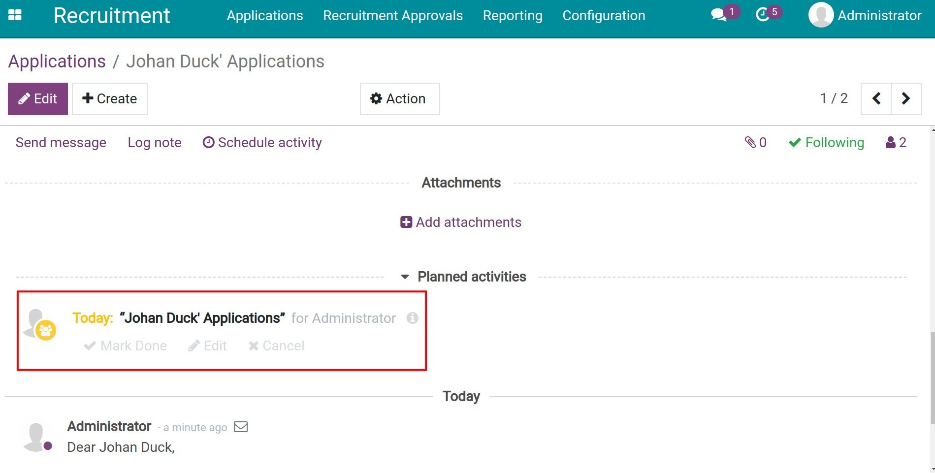 Schedule activity about the interview