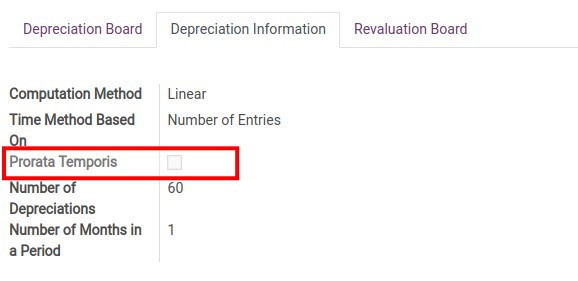Depreciation Information tab when Prorata Temporis is not ticked.