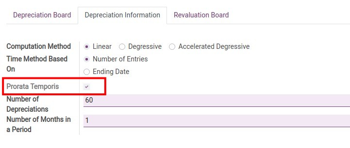 Depreciation Information tab when Prorata Temporis is ticked.