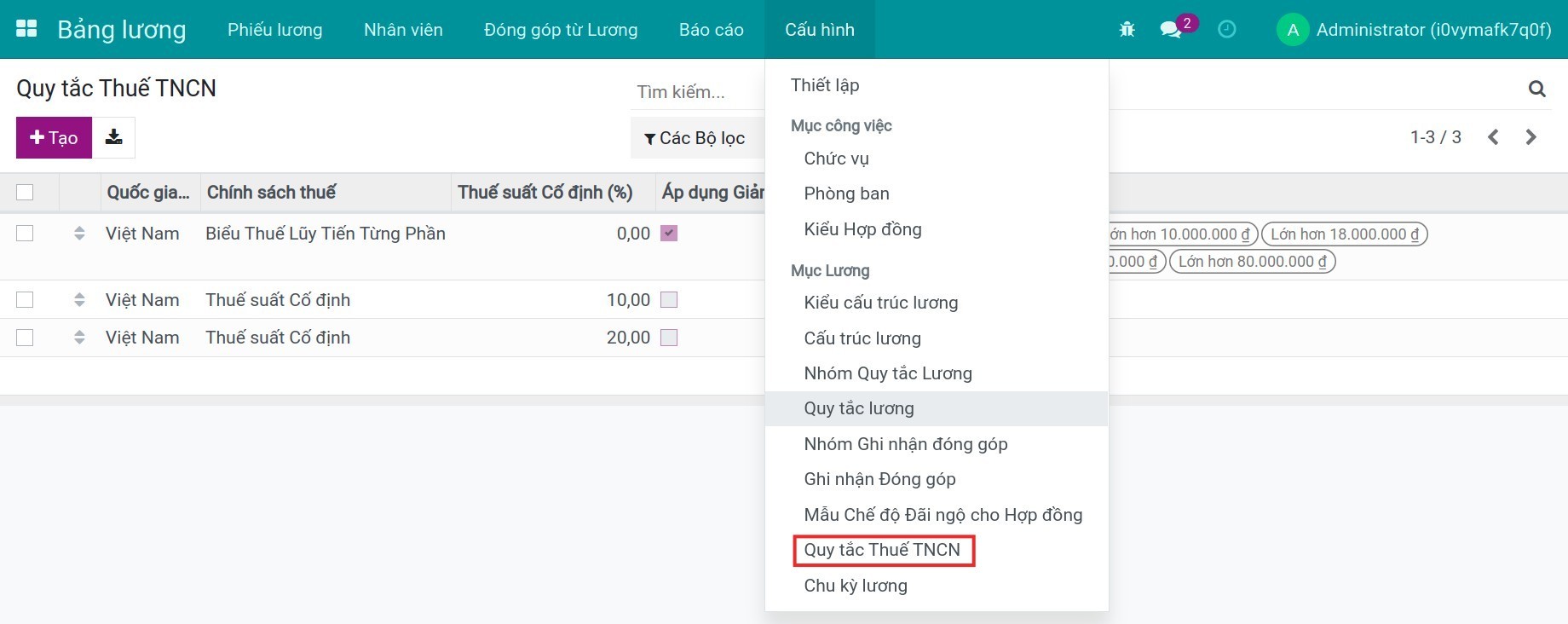 Truy cập giao diện các quy tắc thuế TNC