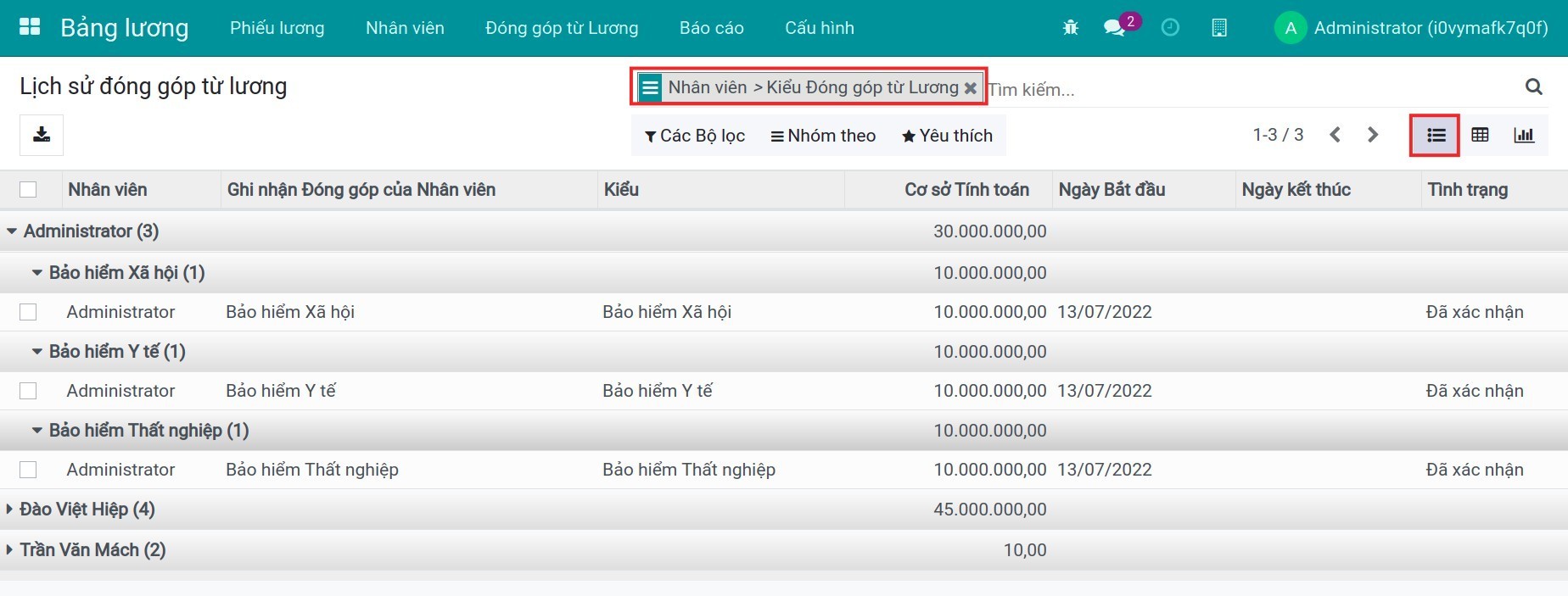 Báo cáo lịch sử đóng góp từ lương dạng danh sách - Kế toán lương Viindoo