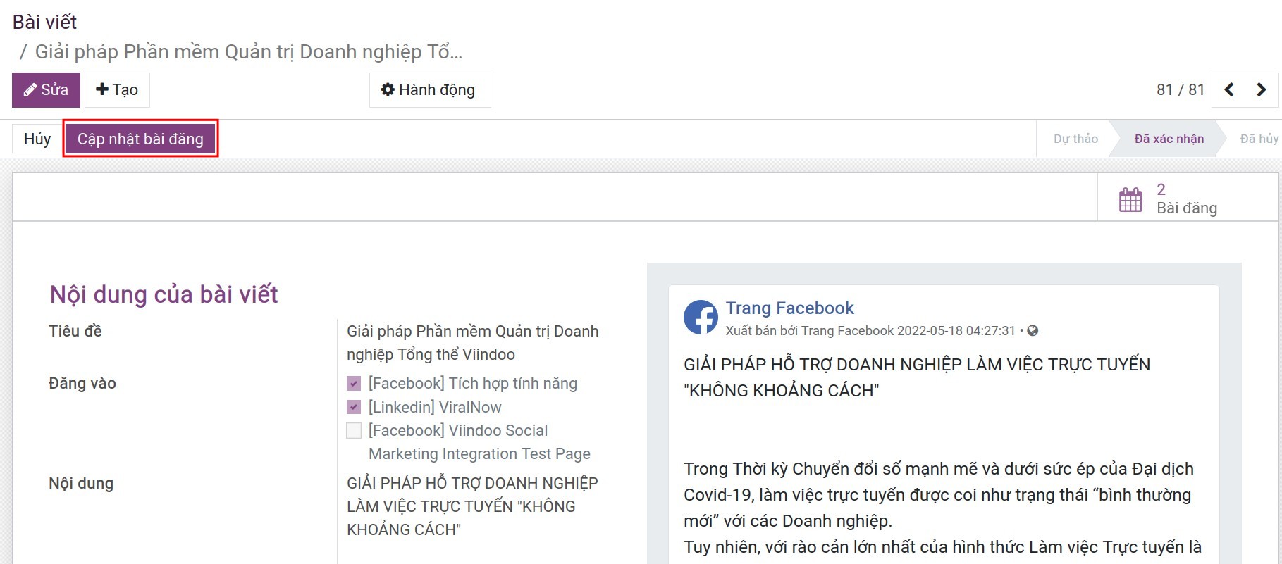 Cập nhật bài đăng trên ứng dụng Social Marketing