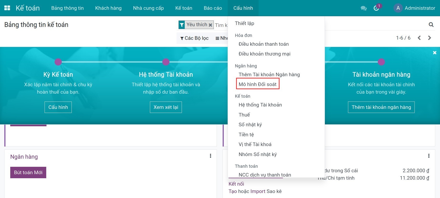 Đường dẫn truy cập mô hình đối soát từ phần cấu hình trên phần mềm Viindoo.