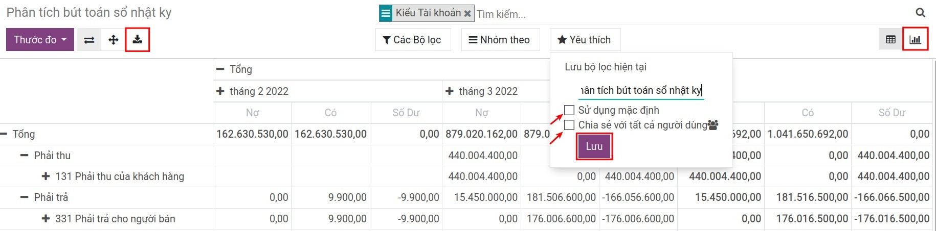 Lưu báo cáo vào bộ lọc yêu thích - Kế toán Viindoo
