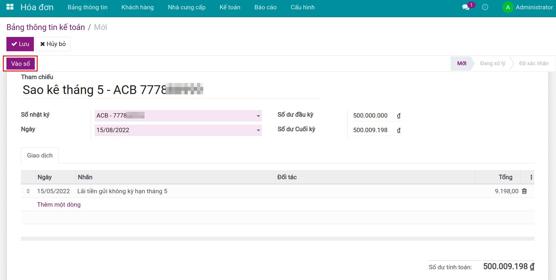 Ghi nhận lãi tiền gửi không kỳ hạn