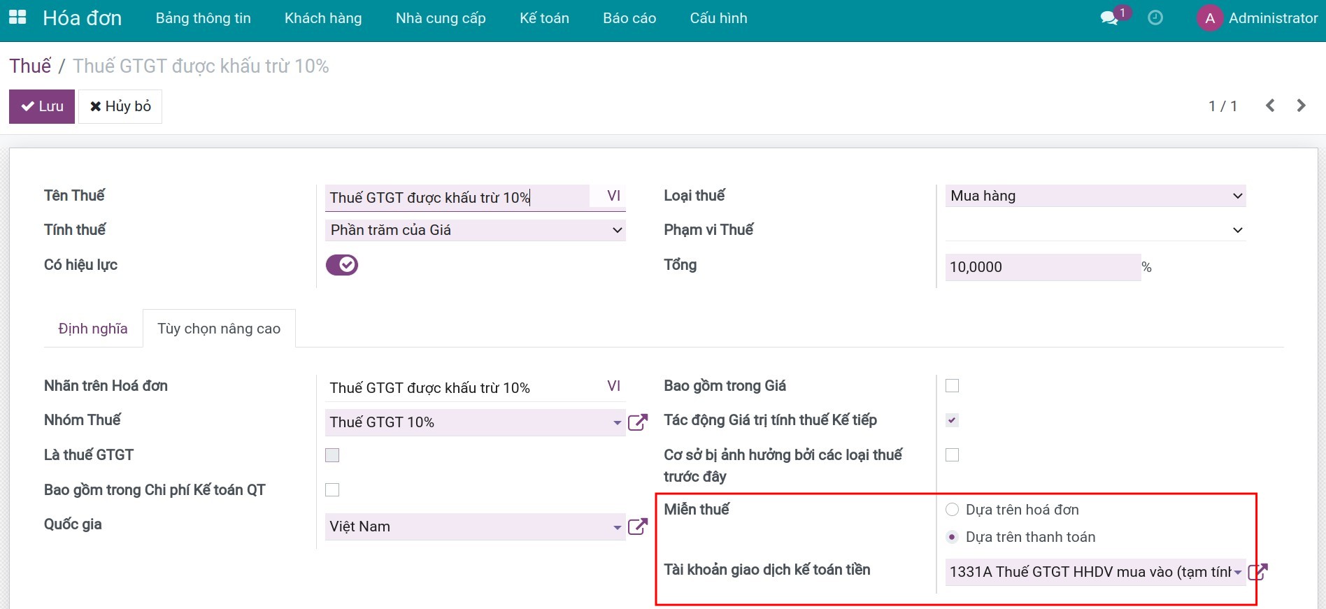 Thiết lập ghi nhận thuế khi giao dịch được thanh toán