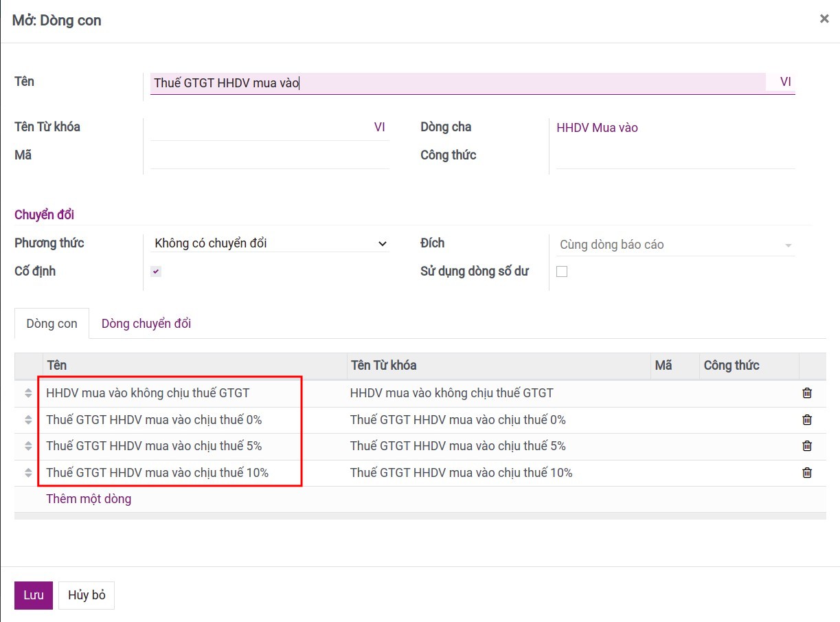 Tạo dòng thuế con trên lưới thuế