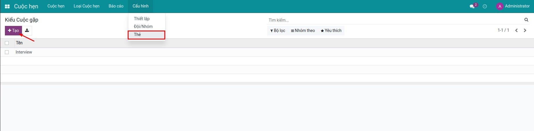 Truy cập tới giao diện cấu hình thẻ.