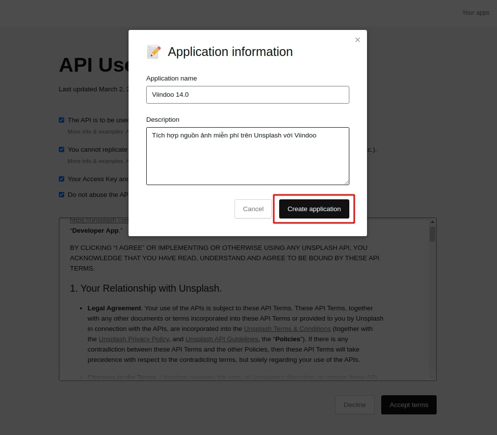 Create new application trong Unsplash