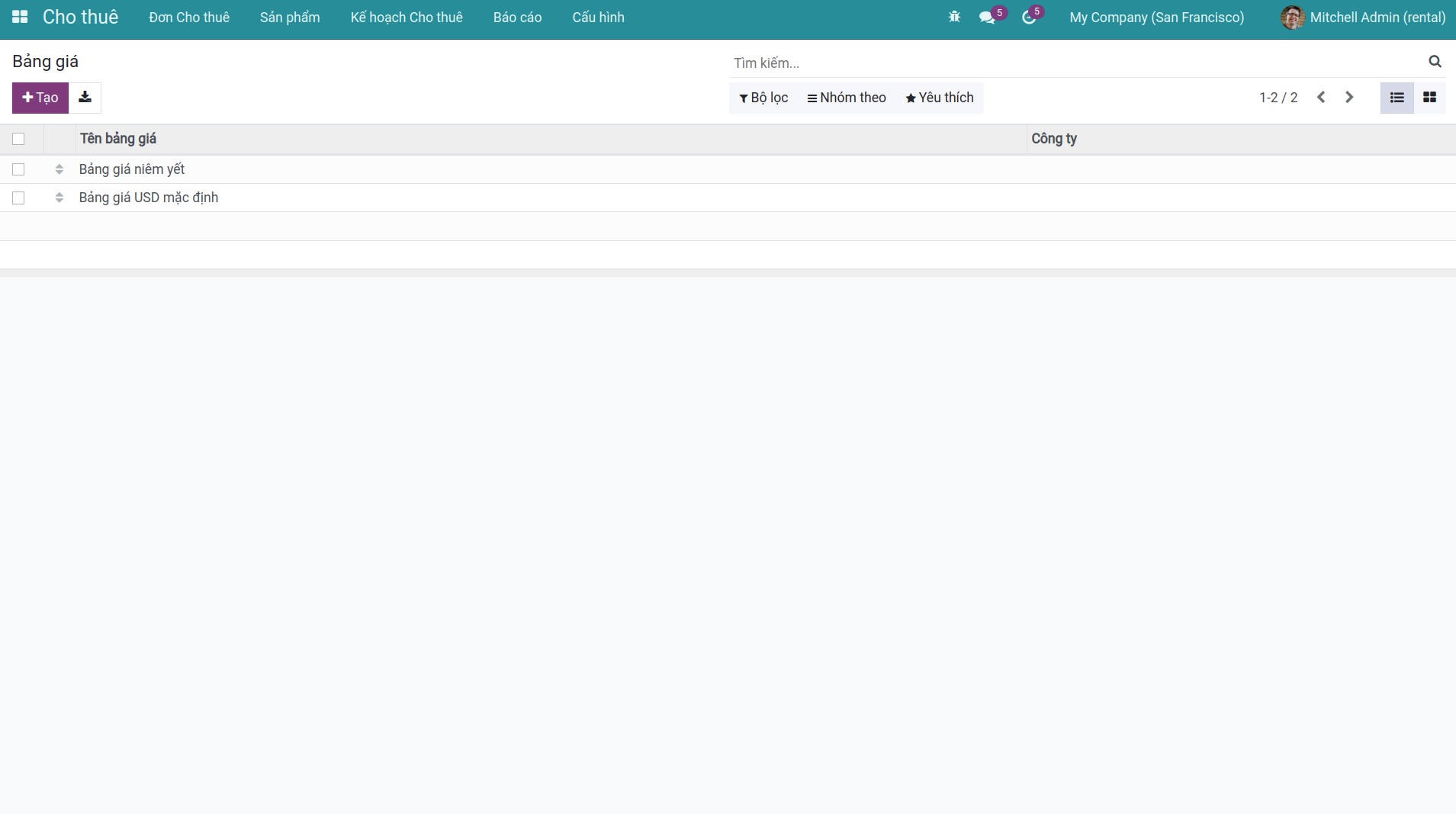 Bảng giá Cho thuê