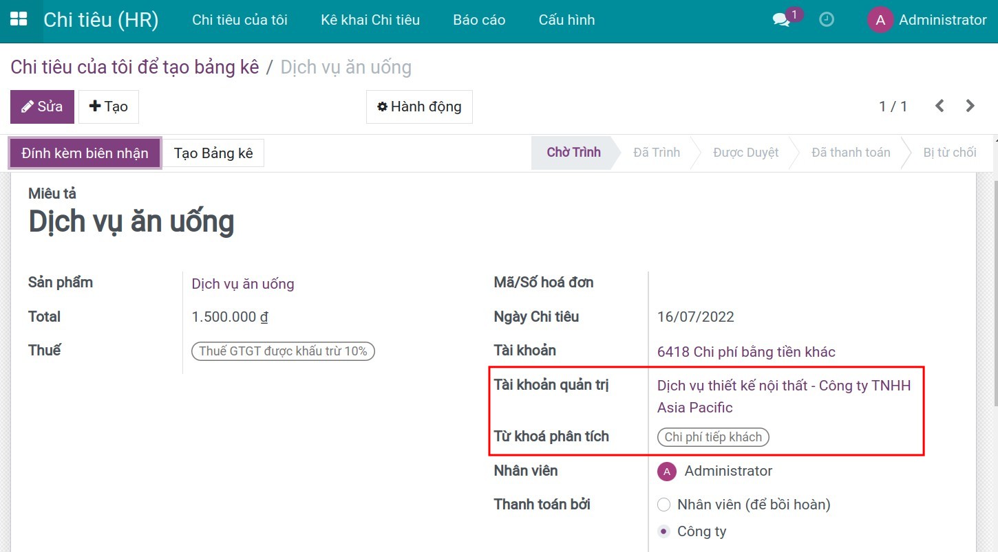 Theo dõi chi phí từ chi tiêu - Kế toán Viindoo