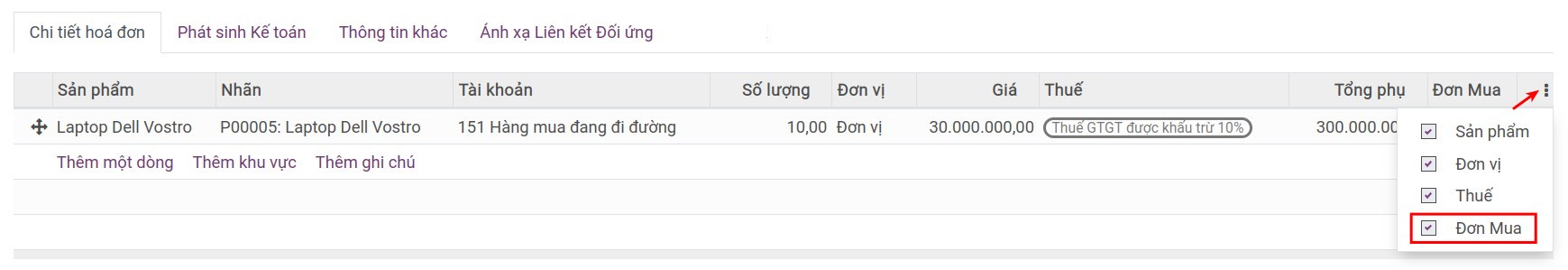 Thông tin Đơn mua liên kết với hóa đơn.