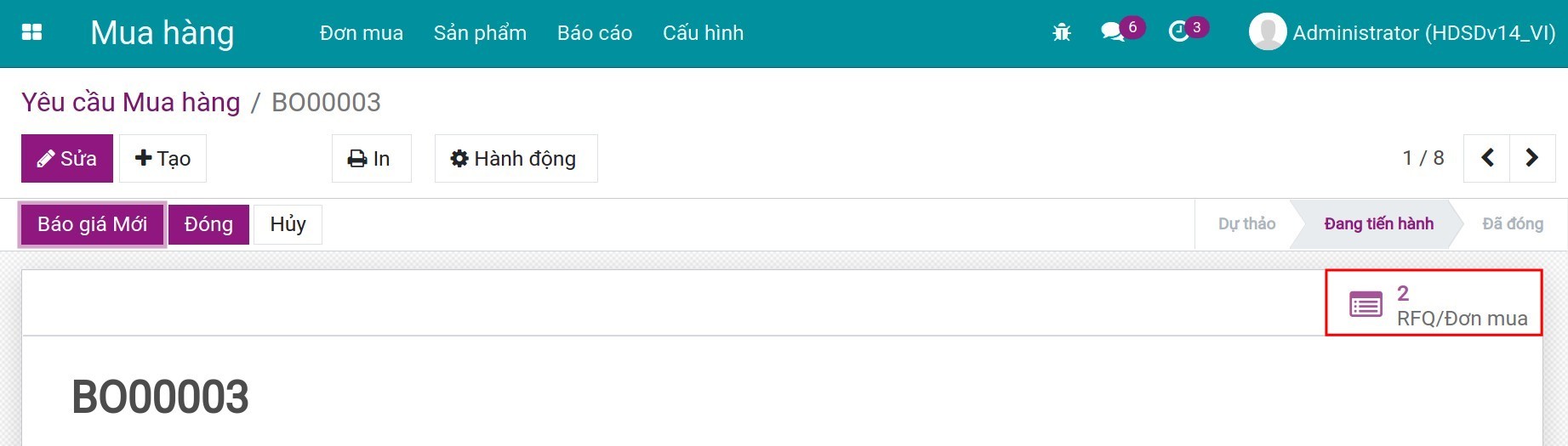 Thống kê số lượng Yêu cầu báo giá trên Yêu cầu mua hàng